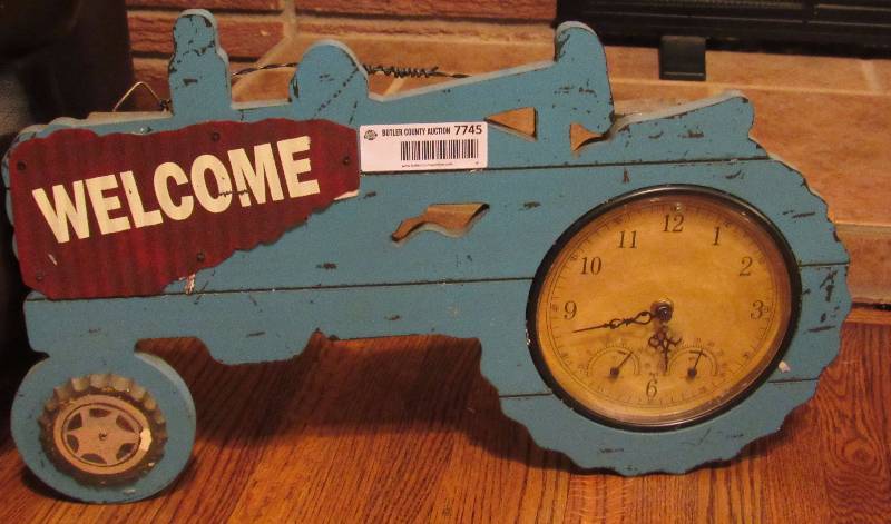 lot 7745 image: Blue Tractor  Clock  Welcome Sign - a neat piece for your home