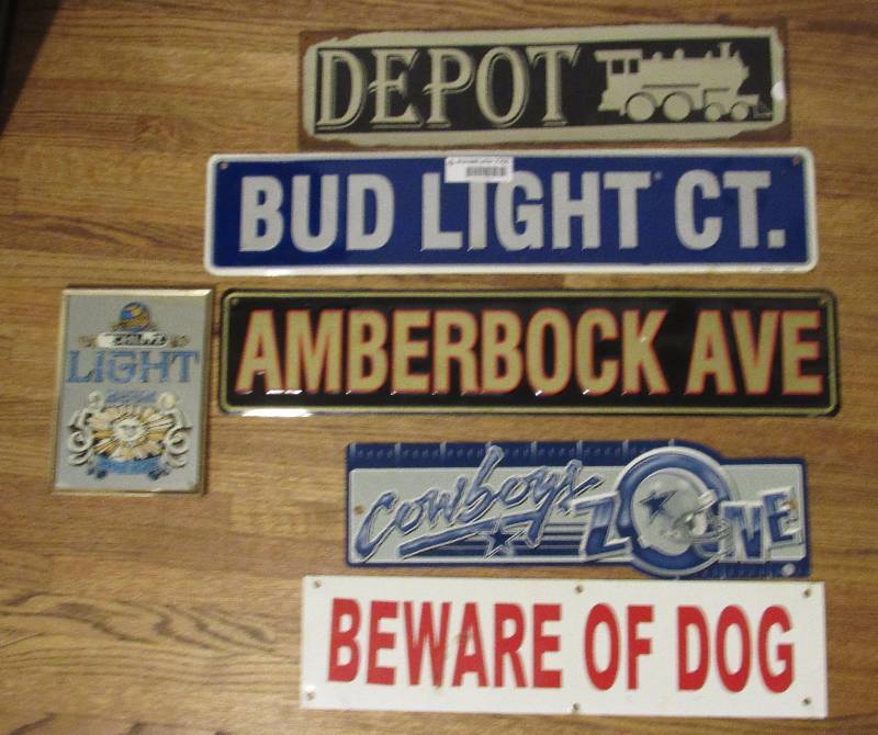 lot 7765 image: Lot of 6 signsstreet name signs - Dallas Cowboys - Bud Light, Beware of Dog, Amerbock Ave and more