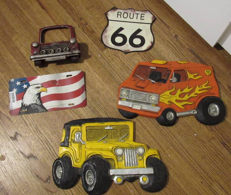 lot 7767 image: Assortment of Automotive Dcor  Tags, etc. - Route 66, Flame Van, Jeep, Eagle Car Tag USA