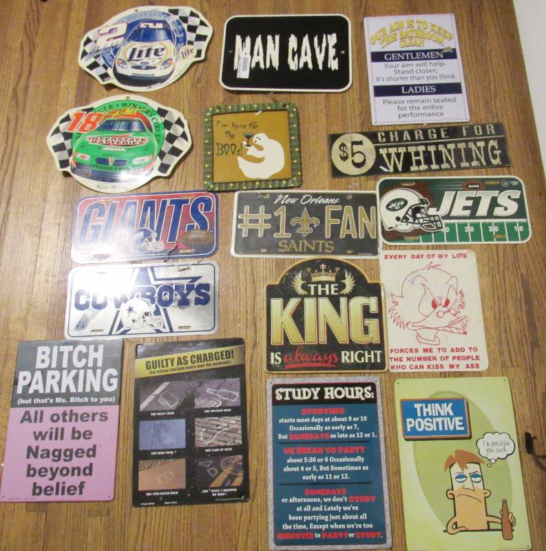 lot 7770 image: Lot of 16 - Assorted signs and decorative car tags NFL Teams, NASCAR, MAN CAVE and more See photos for details