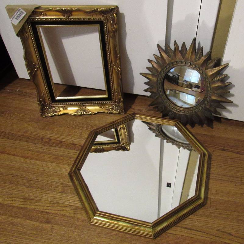 lot 7776 image: 2 - gold framed wall mirrors and 1 - gold decorative frame - see photos these are really neat