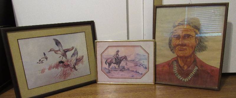 lot 7778 image: Lot of art prints and paintings - Cowboy, Indian and Ducks - see photos