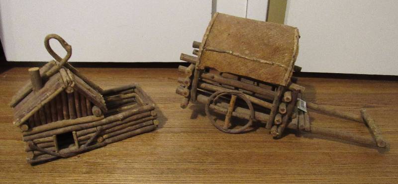 lot 7780 image: Wood  Stick Dcor - Wood Log Cabin and Wood Log Wagon - neat styles