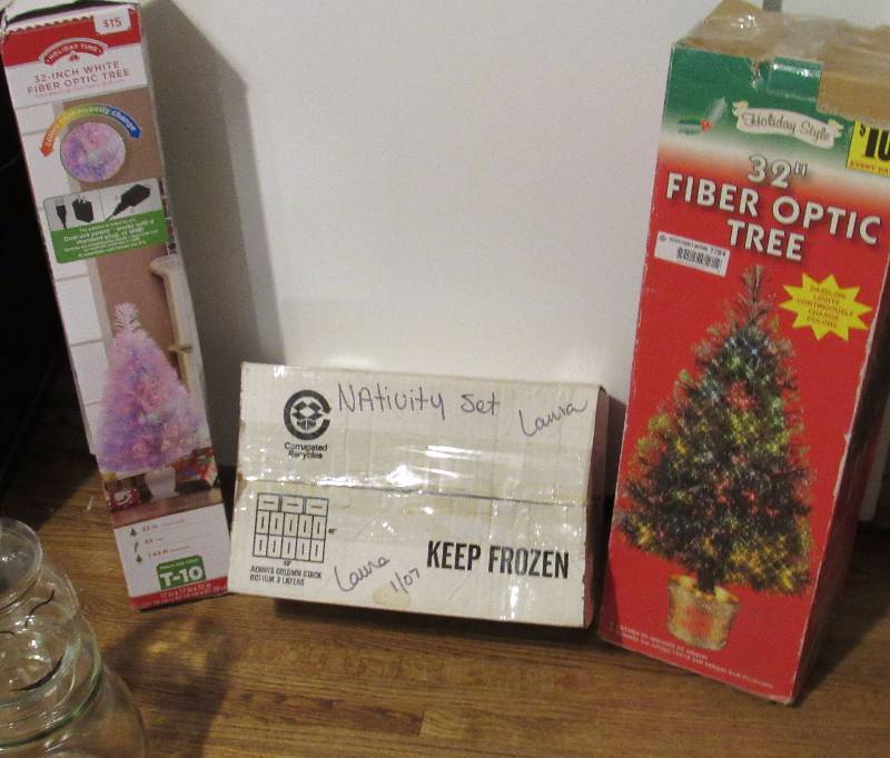 lot 7784 image: Christmas in July Lot of X-Mas items - 2 fiber optic trees, Nativity Set, Snowman Cookie Jar