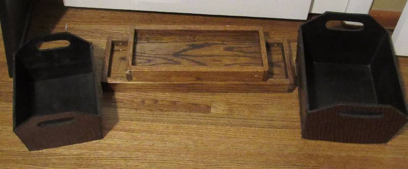 lot 7790 image: Lot of 2 Decorative Storage Bins and 2 Oak Shelves