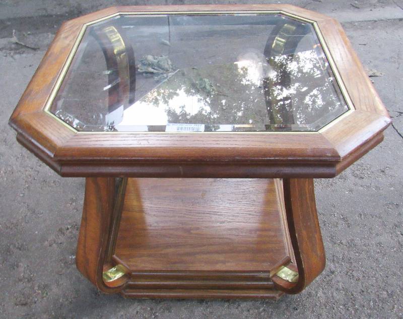 lot 7827 image: Wood and Beveled Glass Top Coffee Table - Square w shelf below