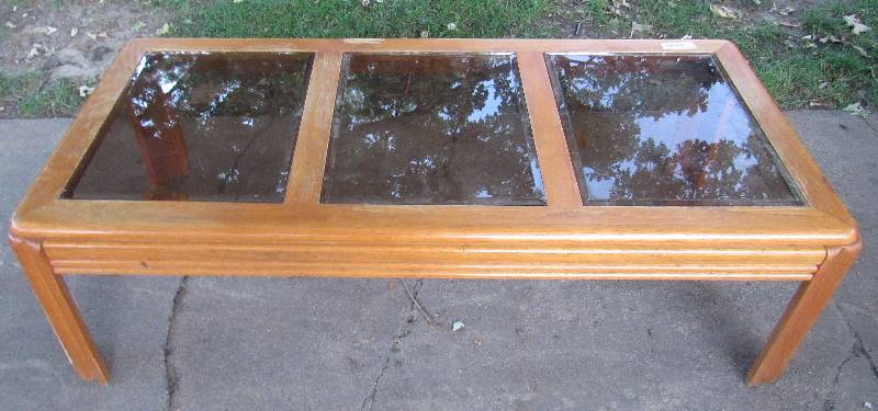 lot 7828 image: Wood and Beveled Glass Top Coffee Table - Rectangle w 3 glass panels on top