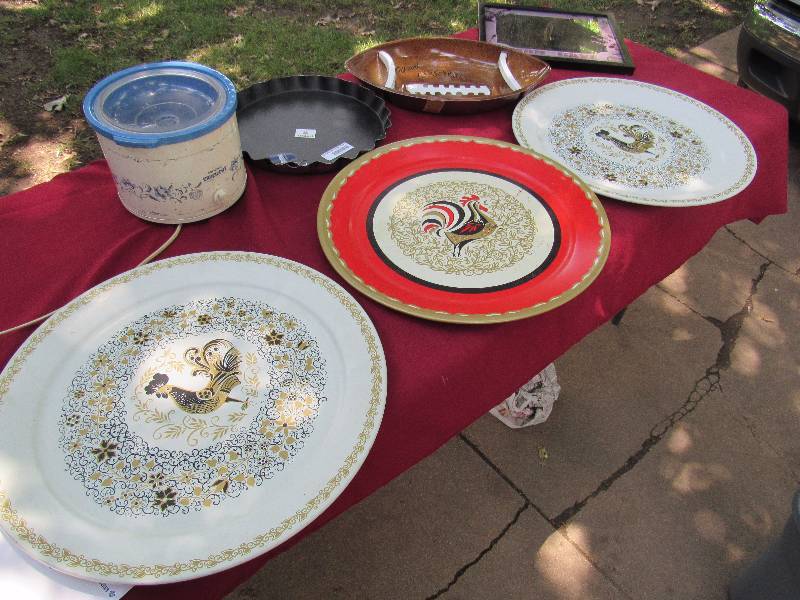 lot 7876 image: Lot of Serving Plates - ROOSTERS - Football and more - plus a Crockpot and MAN CAVE Mirror Wall Art