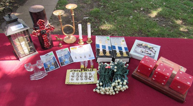 lot 7882 image: Lot of Home Dcor and Seasonal Decorations - Candles, taper candle holders,  - Battery Operated Candle Lamps  extra bulbs - packet of bells and more - see photo