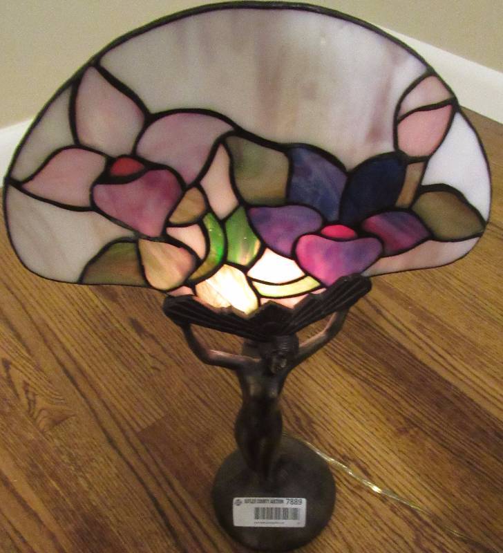 lot 7889 image: Art Deco Lamp with Stained Glass - features a pretty lady figure at the base - NEAT