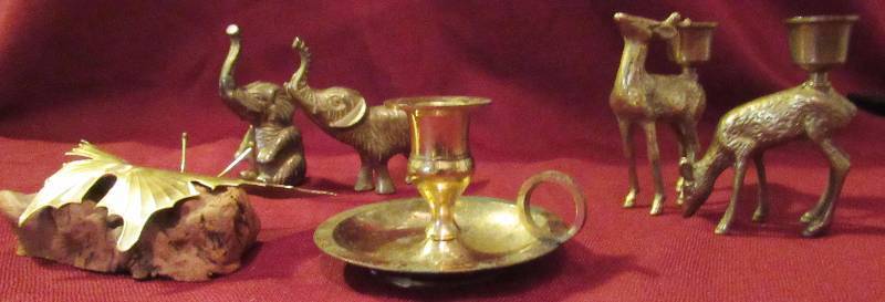 lot 7911 image: Lot of Brass Home Decor and Candle Holders - Butterfly, Elephants, Deer and vintage-style reading candle holder