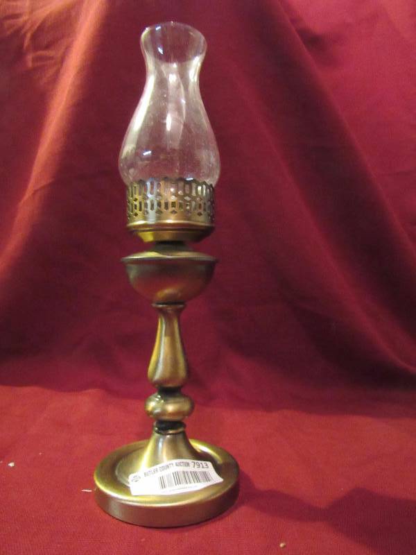 lot 7913 image: Brass Candle Holder - Hurricane-Style with Glass Globe