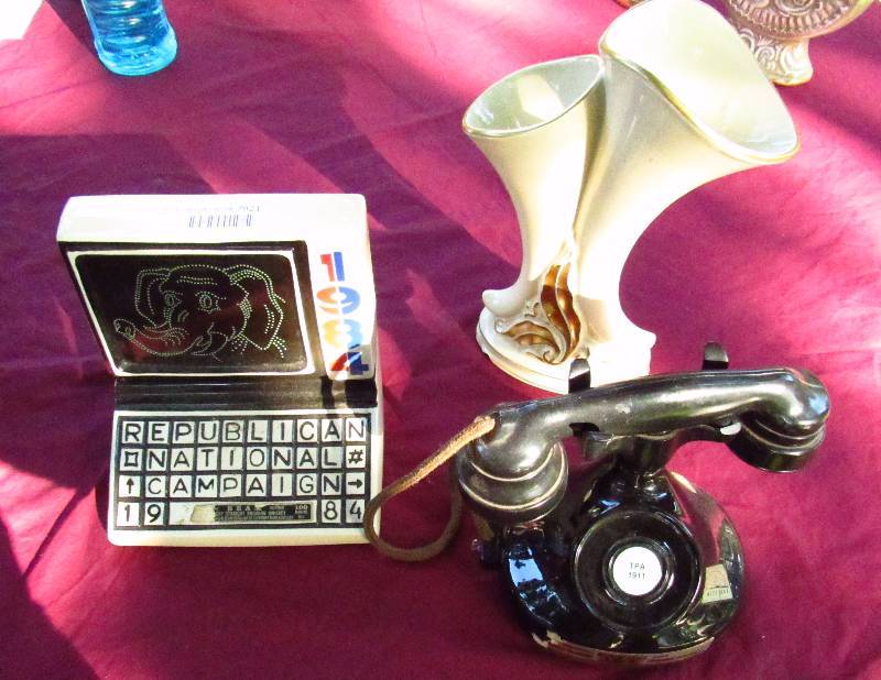 lot 7921 image: Vintage Liquor Decanters (vintage phone and computer) and a really cool vase