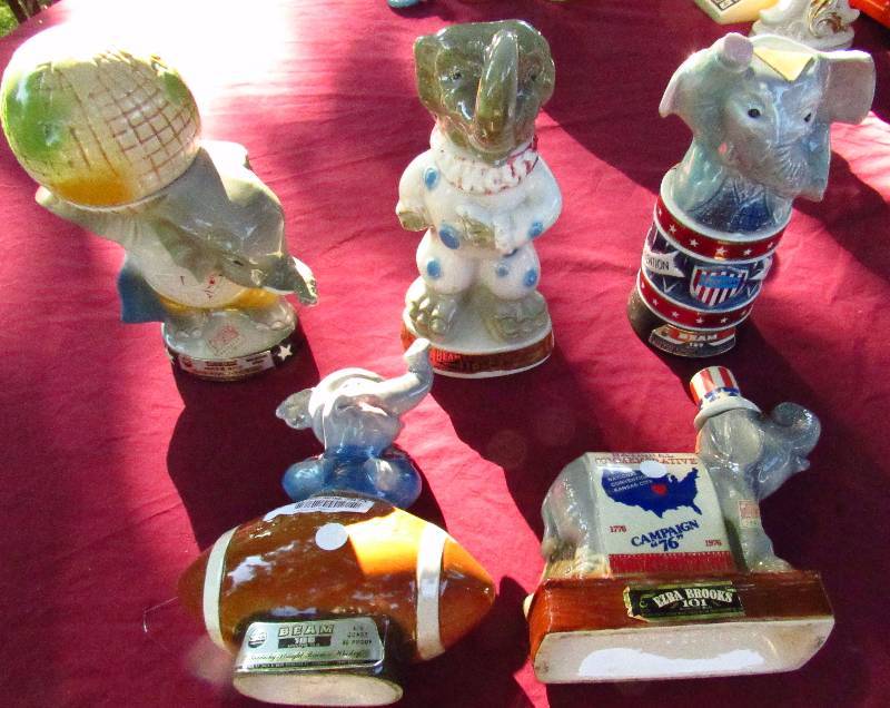 lot 7923 image: Lot of 5 Vintage Liquor Decanters - Republican Party Elephant Theme - name brand liquors