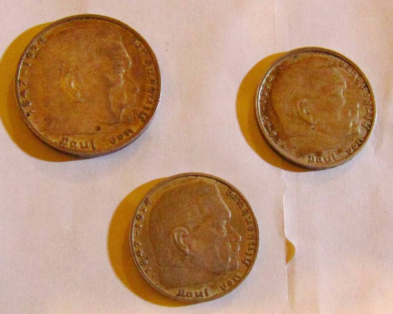 lot 7954 image: German Coins - 2 - $2 coins and 1- $5 coin - 1937, 1938, (one date unsure 1935)