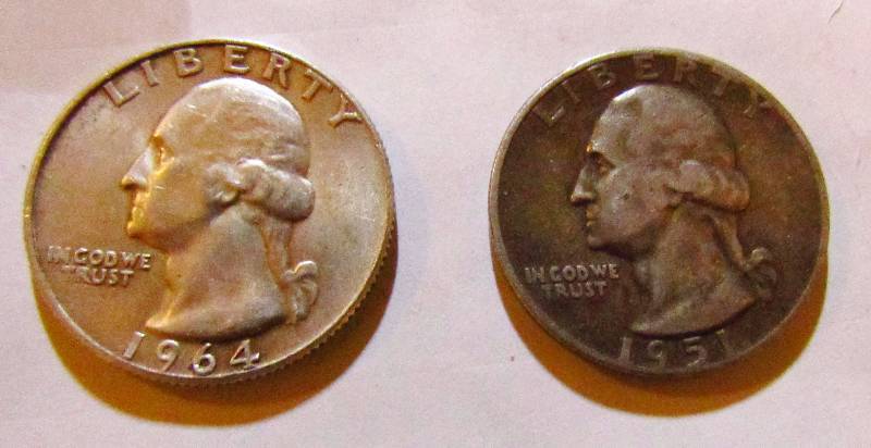 lot 7957 image: Lot of 2 Silver Washington Quarters, 1964 & 1951
