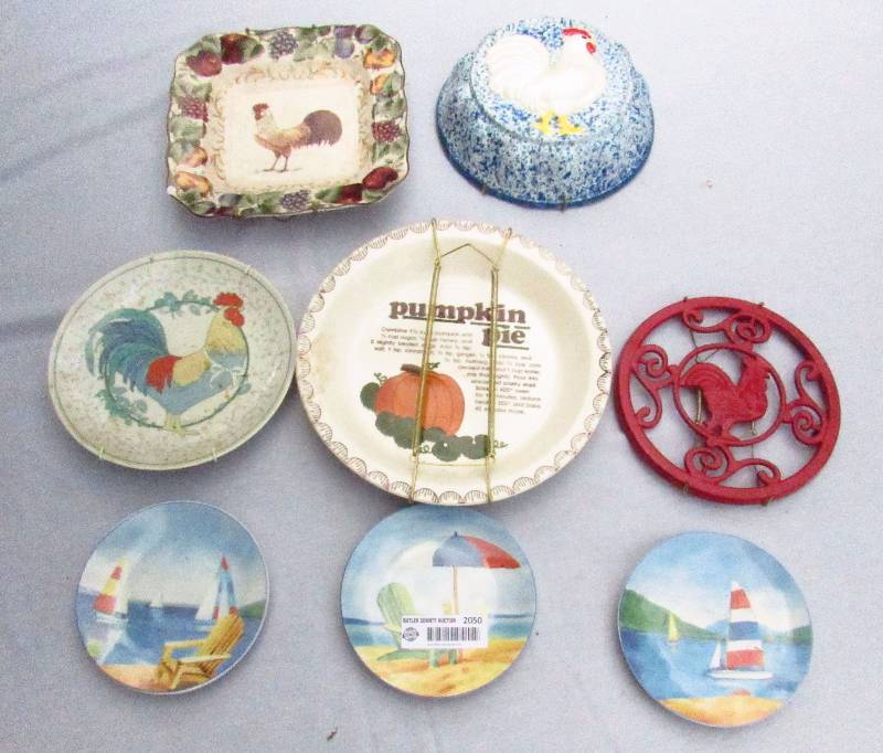 lot 2050 image: Lot of 8 Decorative Plates - 4 Rooster  Chickens, 3 Beach  Nautical and 1 is pumpkin pie recipe