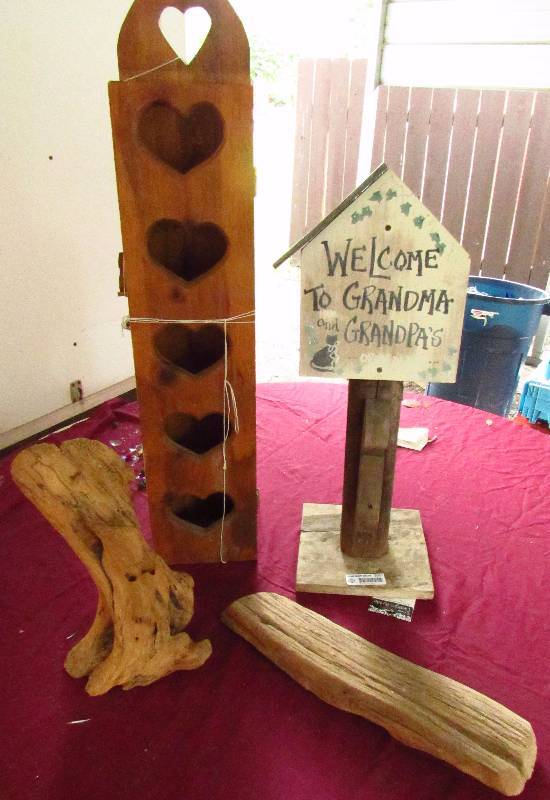 lot 2057 image: Lot of Wood Home Dcor - Drift wood, Grandma & Grandpa welcome sign, Wooden Stand up box with heart shaped cutouts - CUTE
