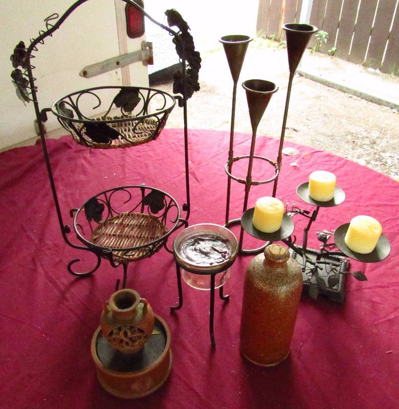 lot 2059 image: Lot of Classy Home Dcor - Candle holders, metal and wicker two-tiered basket display - see photos