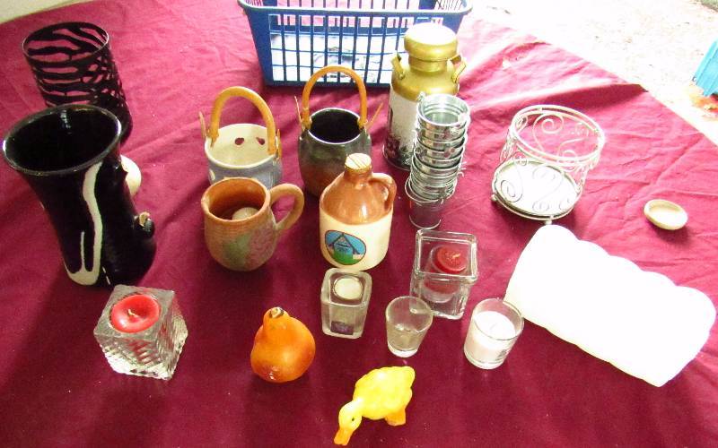 lot 2063 image: Lot of Home Dcor - Candle Holders, tiny decorative buckets, glass ware and one neat grape white glass container (milk glass)