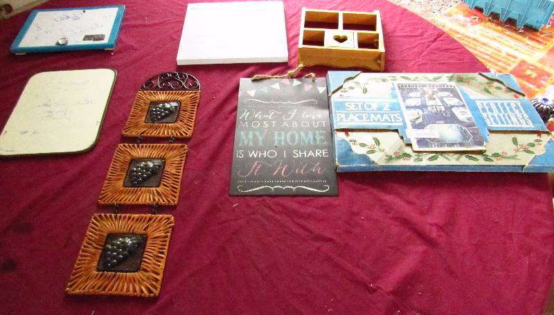 lot 2064 image: Lot of Home Dcor - New Placemats, Wall Art, Little Wood Shelf w heart cut-out and wickergrape hanging trivet