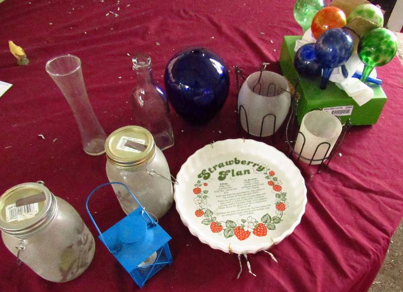 lot 2069 image: Lot of Home Decor  Kitchen wares - Candle Holders, Decorative Plate, vase, jar, and Glass Plant Watering Bulbs