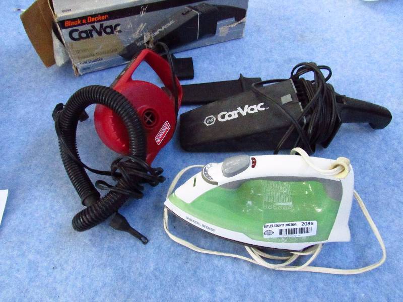 lot 2086 image: Lot of Small Appliances - Coleman Air Mattress Pump, Black and Decker Iron and Car Vac Portable Vacuum