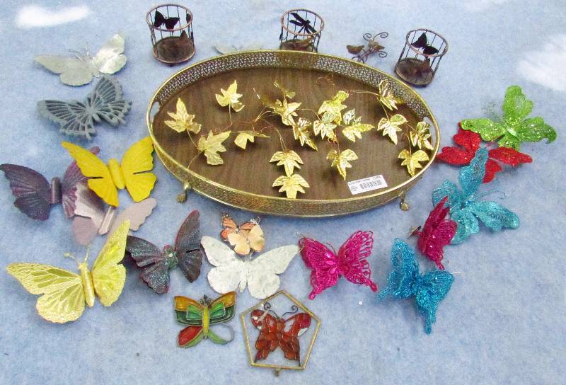 lot 1284 image: Lot of BUTTERFLIES Candle Holders, Decorations etc, wbrass leaf display tray - WOW