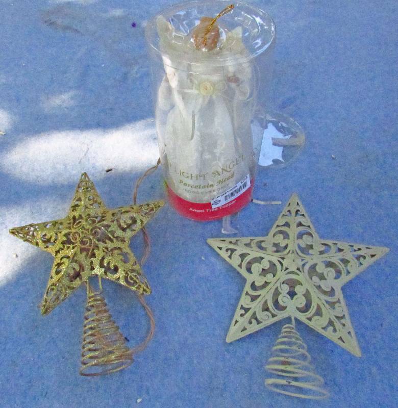 lot 1293 image: Lot of 2 Christmas Tree Stars and One Angel Tree Topper