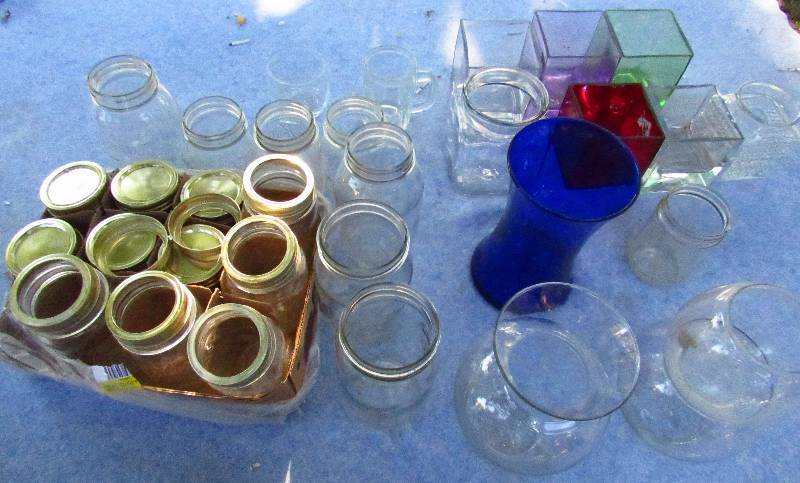 lot 1314 image: Lot of Canning Jars & Misc Glass Dcor - (Mason, Kerr and Ball Style Canning Jars - mixed brands unsure of all brands)