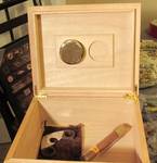 Cigar Humidor with Cigar Cutter and Cigar - Decorative Cover plate says 