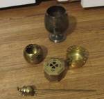 Lot of Candle Accessories - 3 brass candle holders, brass flame snuffer, silver copper wine cup