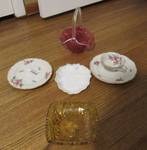 Lot of assorted Glassware - 2 Rose plates and one cup - 3 candy dishes