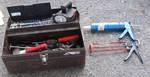 Brown Tool Box FULL of tools and 2 caulking guns - see photos for tools that are included