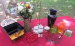 Lot of Home Décor and House wares - colorful vases, paper towel stand, napkin holder, Rooster Deco Dish, Metal Pitcher w/ Flowers says 