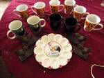 Rooster Themed Kitchenware - 10 coffee cups, 4 metal (cast iron) cook book ends, Deviled Egg Plate - Neat lot!