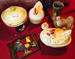 Lot of Rooster Kitchen Décor - Cookie Jar, Vase, Ceramic Dish with lid, Metal trivet, and more! Take a peep!