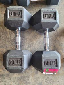 lot 9146 image: Pair of Power Systems Rubber Coated 60lb Dumbbells