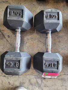 lot 9147 image: Pair of Power Systems Rubber Coated 50lb Dumbbells