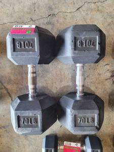 lot 9148 image: Pair of Power Systems Rubber Coated 70lb Dumbbells