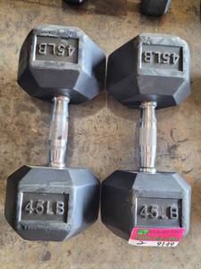 lot 9149 image: Pair of Power Systems Rubber Coated 45lb Dumbbells