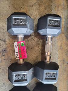lot 9152 image: Pair of Power Systems Rubber Coated 15lb Dumbbells