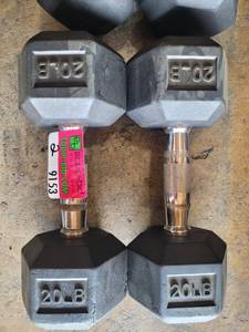 lot 9153 image: Pair of Power Systems Rubber Coated 20lb Dumbbells
