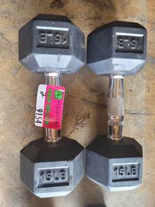 lot 9154 image: Pair of Power Systems Rubber Coated 15lb Dumbbells