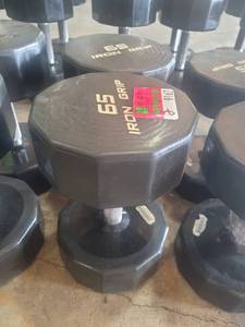 lot 9162 image: Pair of Iron Grip Rubber Coated 65lb Dumbbells