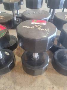 lot 9163 image: Pair of Iron Grip Rubber Coated 70lb Dumbbells