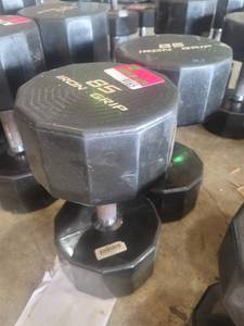 lot 9165 image: Pair of Iron Grip Rubber Coated 85lb Dumbbells