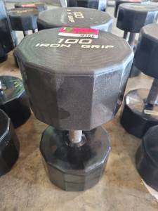 lot 9166 image: Pair of Iron Grip Rubber Coated 100lb Dumbbells