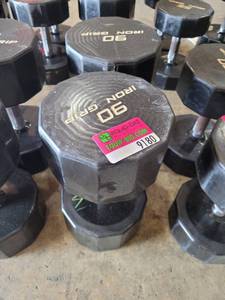 lot 9180 image: Pair of Iron Grip Rubber Coated 90lb Dumbbells