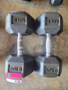 lot 9188 image: Pair of Power Systems Rubber Coated 50lb Dumbbells